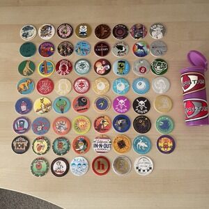Random Mixed LOT Of 62 POGS MILK CAPS +‎ tube 90s Skull 8 Ball REN & Stimpy Art